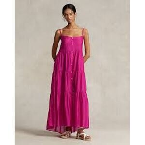 Polo RALPH LAUREN Tiered Translucent Cover-Up Maxi Slip Dress  Size 14 Hot Pink